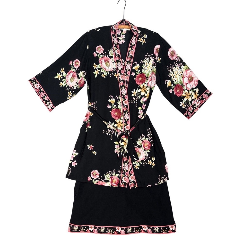 Oscar de la Renta Pink Label Pajama Sleepwear Set Small Black Floral Kimono Robe
